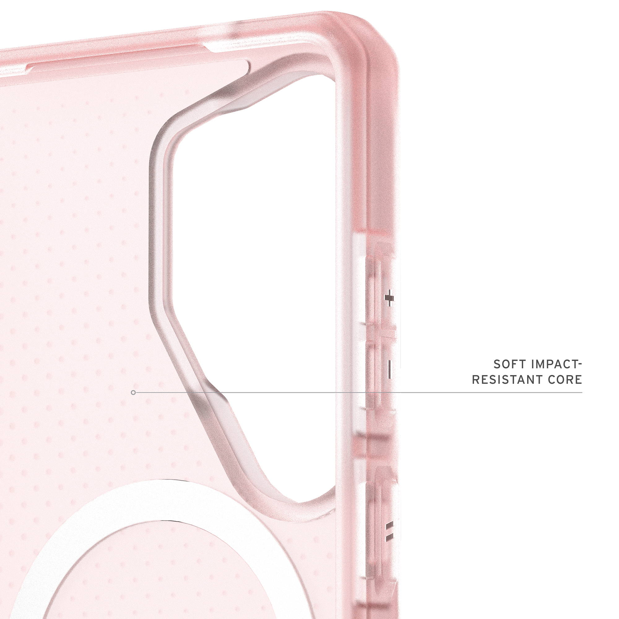 Rosa Handyhülle mit gepunktetem Muster und einem "Soft Impact-Resistant Core" Aufdruck.
