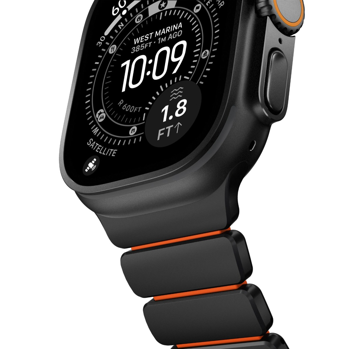 Eine schwarze Smartwatch mit orangefarbenen Akzenten und einem detaillierten Zifferblatt.