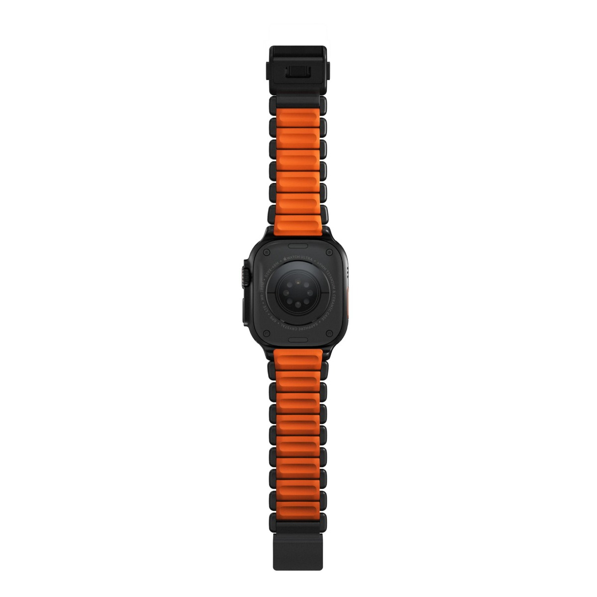 Schwarze Smartwatch mit orangefarbenem Armband, Rückseite sichtbar.