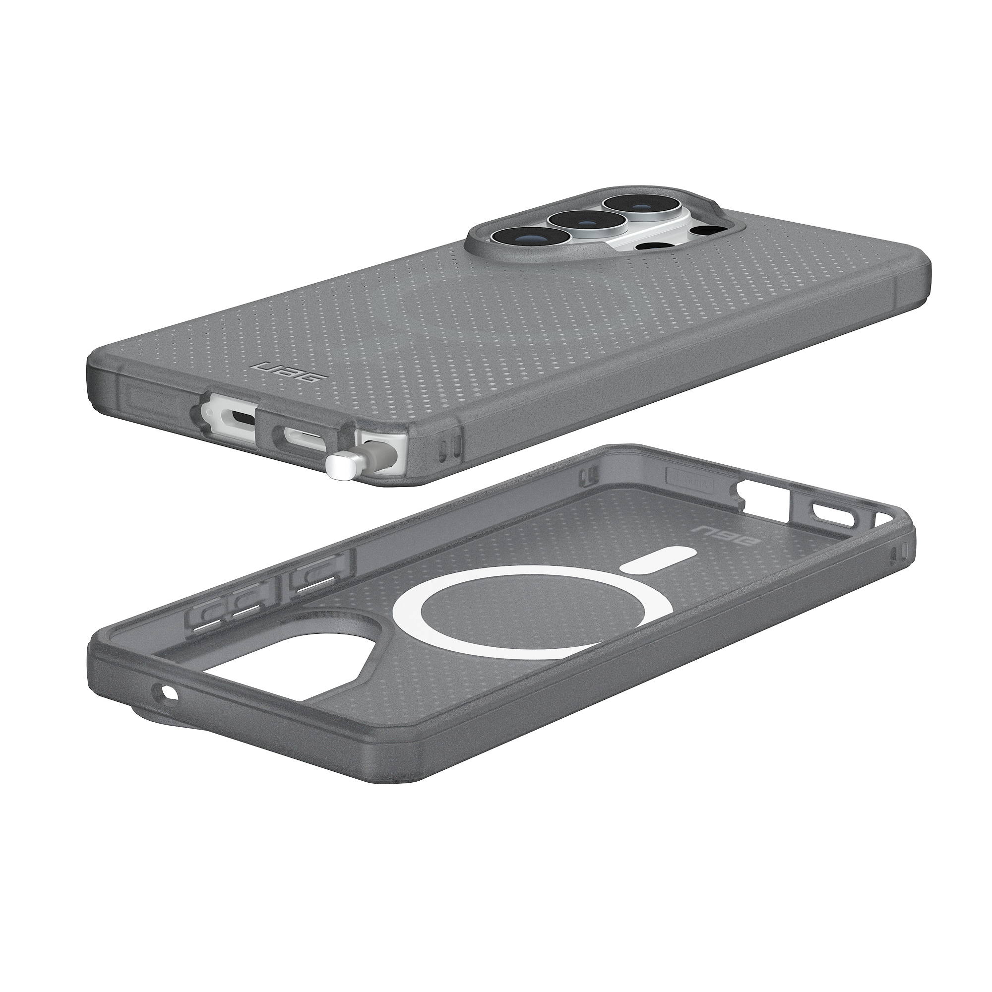 Graues Handycover mit Perlstruktur und MagSafe. Oberseite zeigt Rückseite, Unterseite Innenleben.