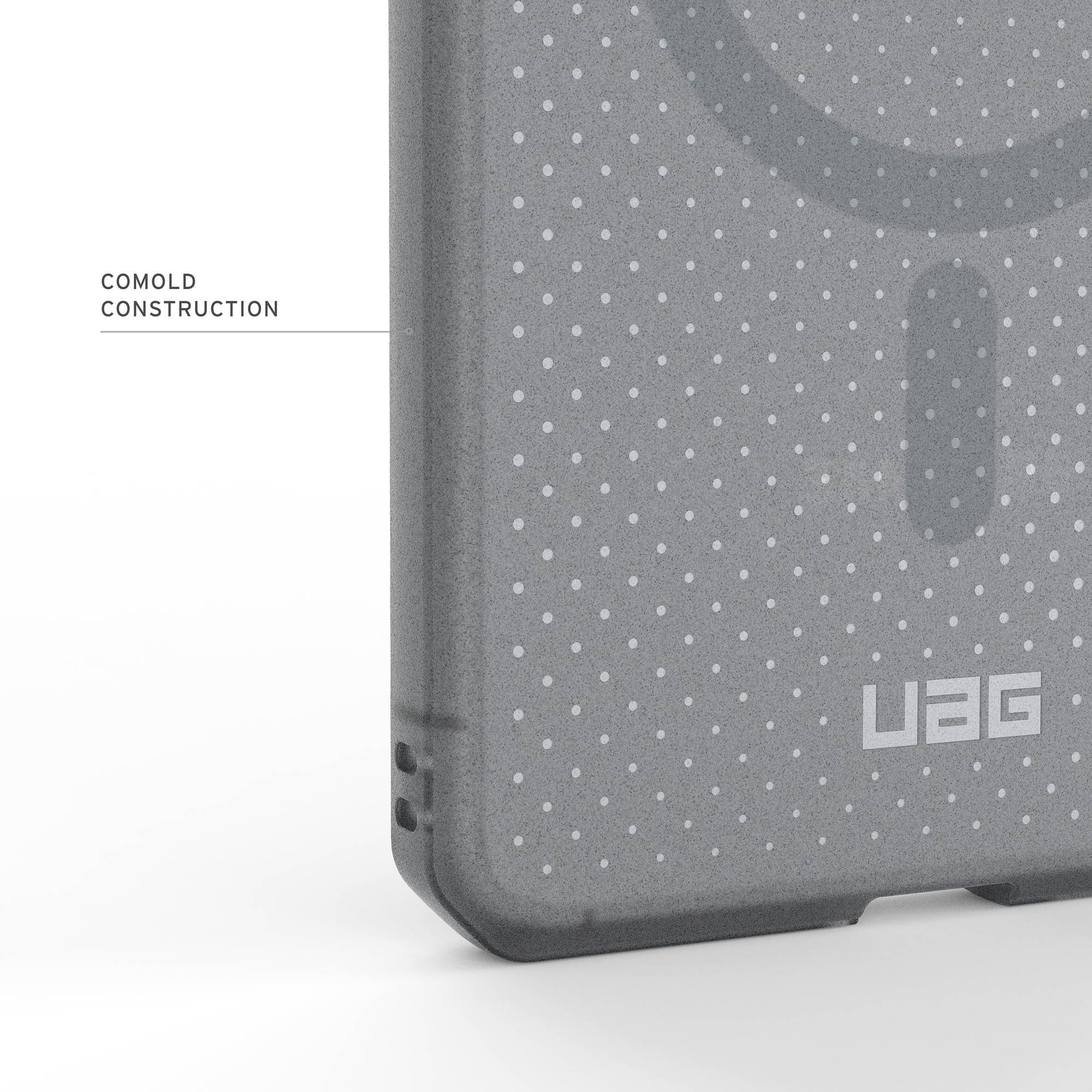 Graue Handyhülle mit weißen Punkten und UAG-Logo.