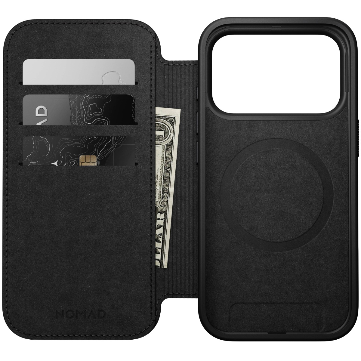 Custodia nera per iPhone con slot per carte e banconota.