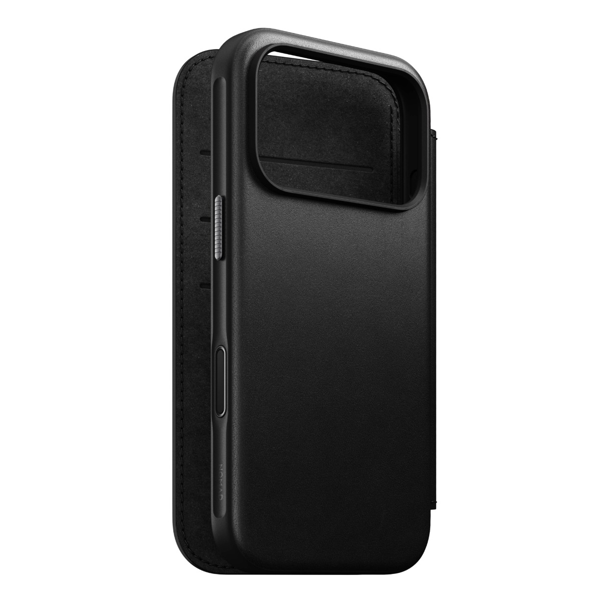 Custodia nera in pelle per smartphone con patta aperta.