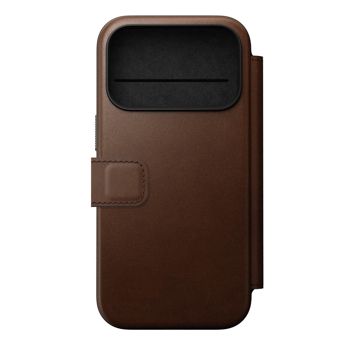 Custodia in pelle marrone per smartphone con ritaglio fotocamera nero.