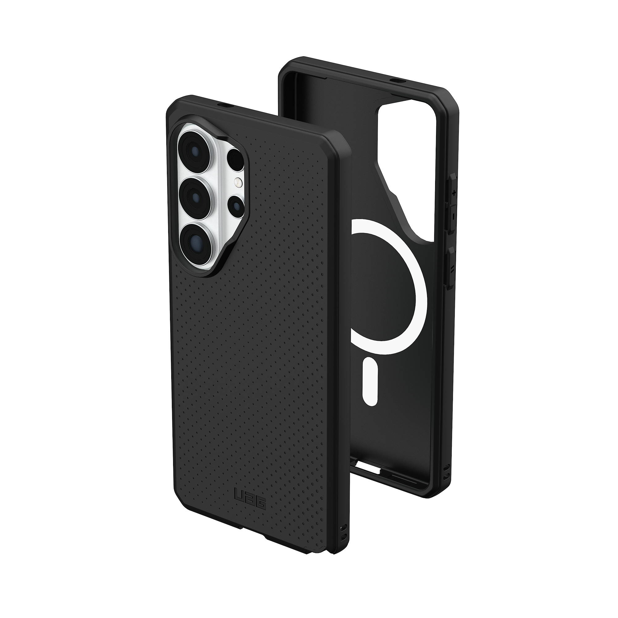 Schwarze Handyhülle mit Kameraausschnitt und magnetischer Ladefläche.