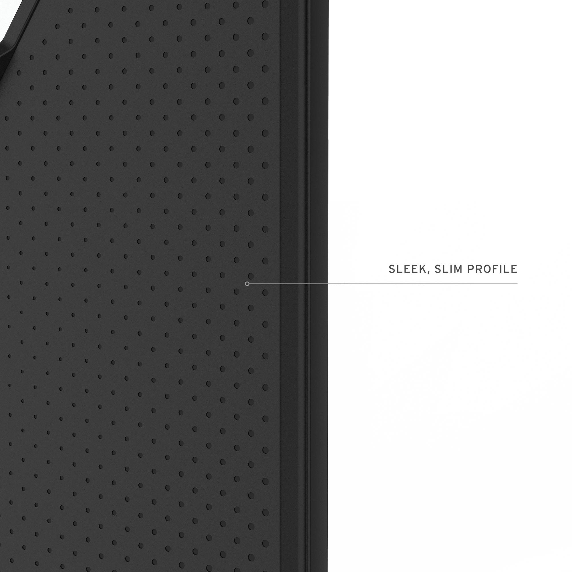 Schwarze Hülle mit Lochmuster und Text: SLEEK, SLIM PROFILE.