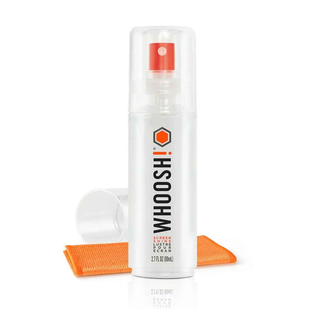 WHOOSH! screen cleaner with red spray nozzle and orange cloth.