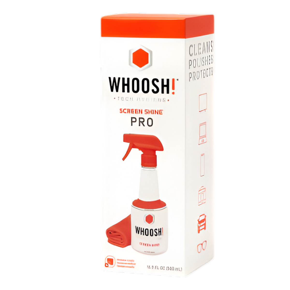 A white spray bottle with a red nozzle and a red cloth next to its packaging.