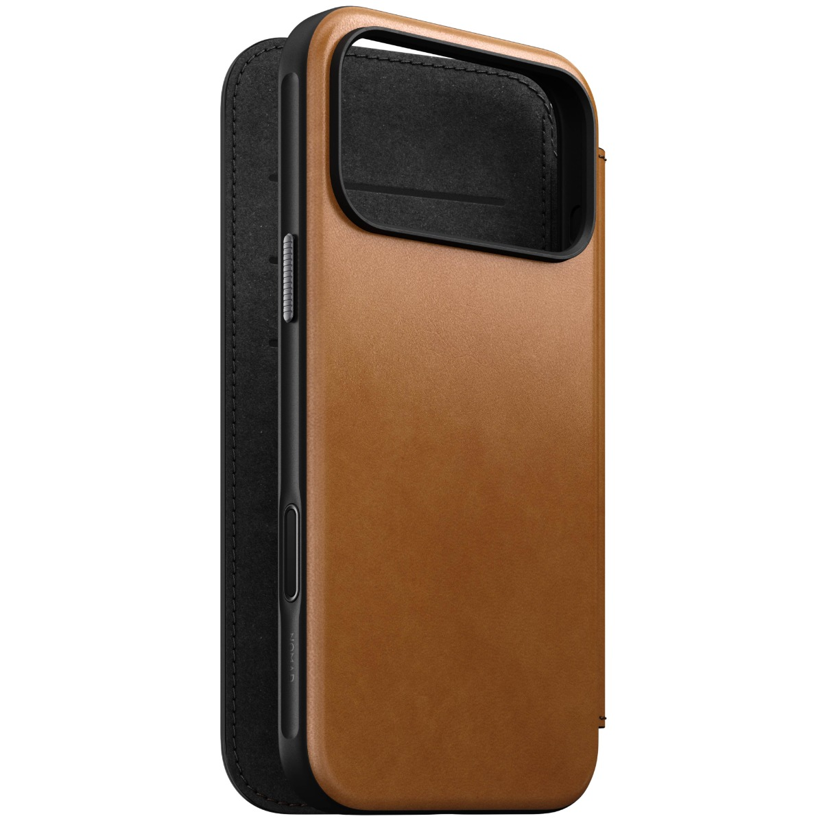 Custodia in pelle marrone con inserto nero per smartphone, su sfondo bianco.
