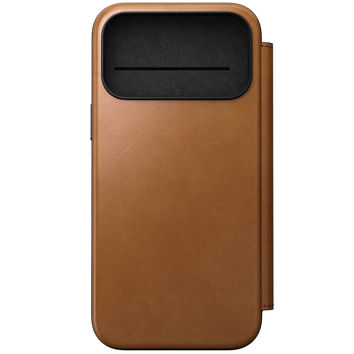 Custodia in pelle marrone per smartphone con inserto nero in alto.