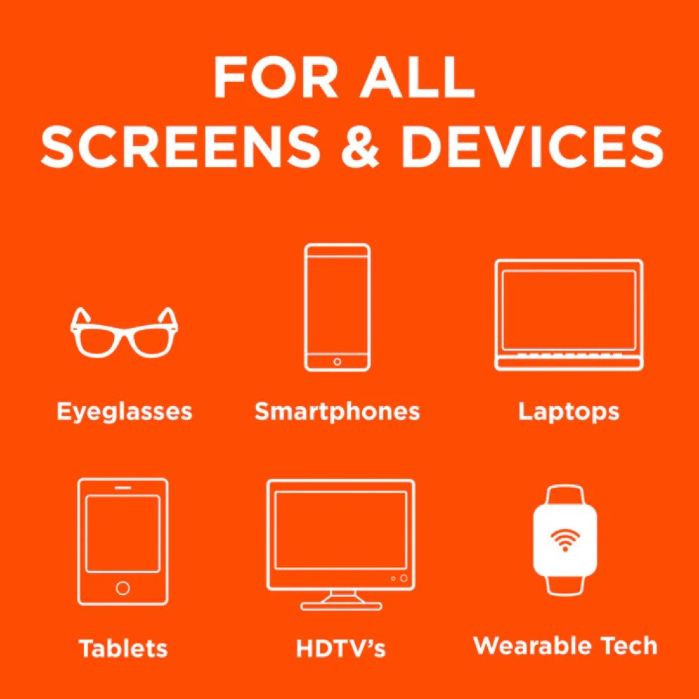 Weiße Symbole für Brillen, Smartphone, Laptop, Tablet, TV und Smartwatch auf orangefarbenem Hintergrund.
