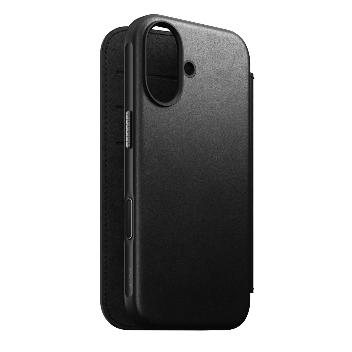 Custodia nera in pelle per telefono, aperta con patta e ritaglio fotocamera.