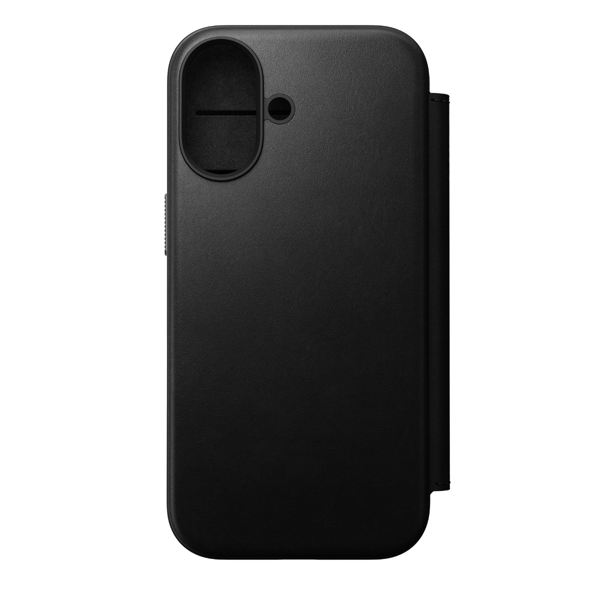 Custodia nera per telefono con ritagli per fotocamera e pulsanti.