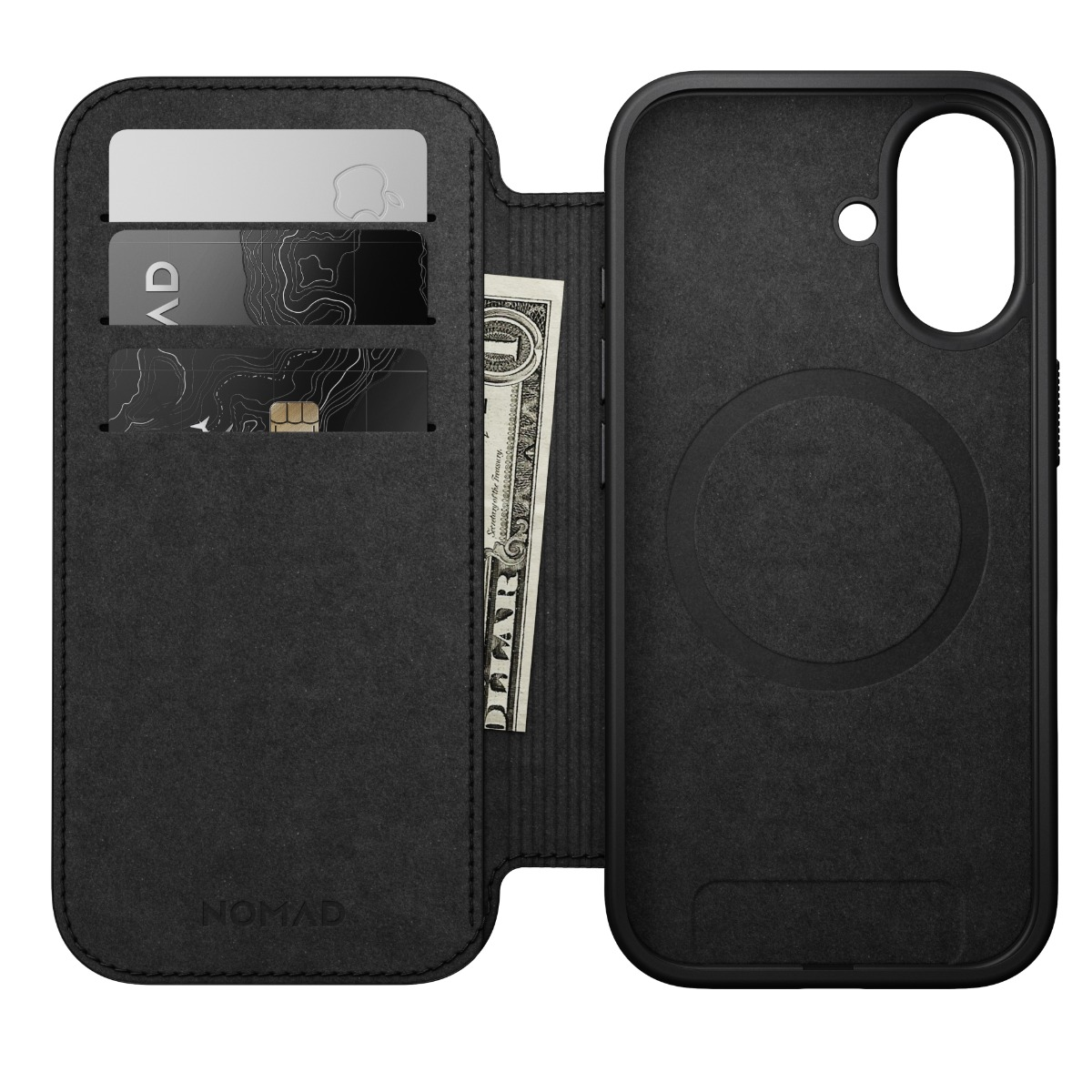 Portafoglio nero con porta carte, banconota e custodia per telefono.