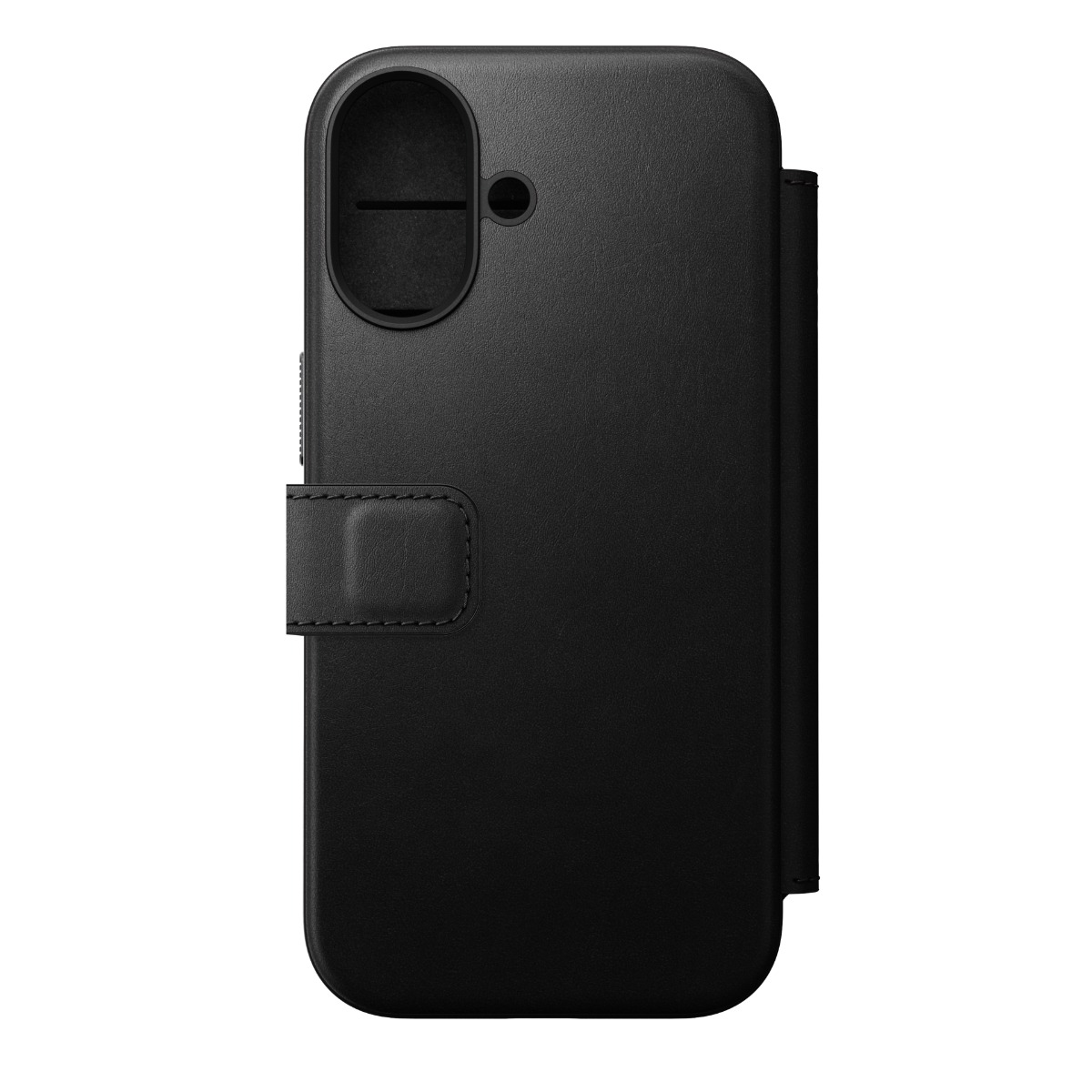Custodia a libro in pelle nera per smartphone con ritaglio fotocamera.