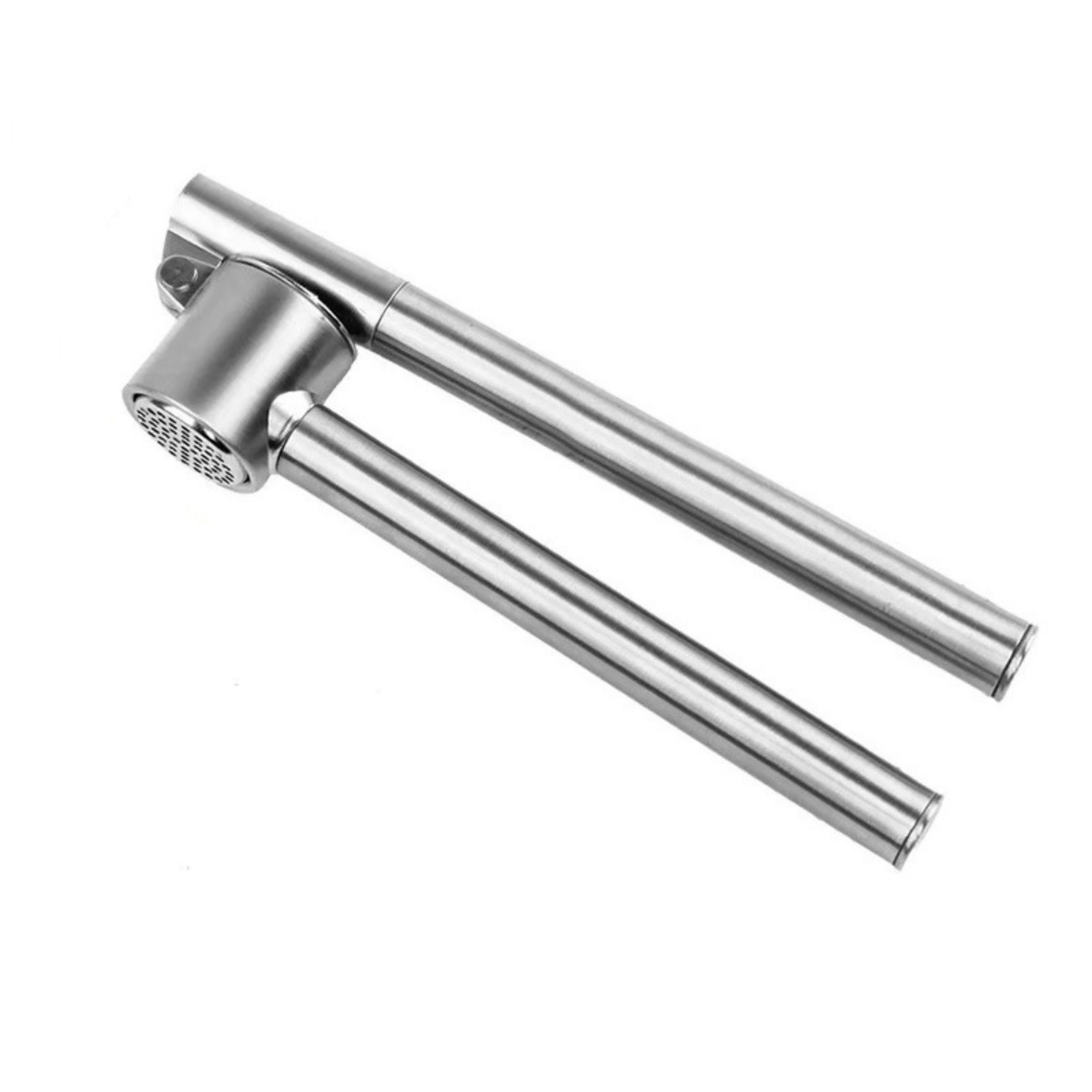 Ein silberner Knoblauchpresse aus Metall auf weißem Hintergrund.