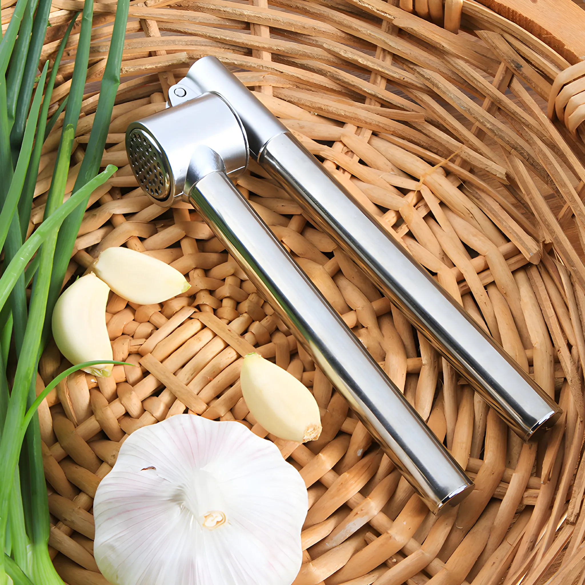 Knoblauchpresse mit Knoblauch und Frühlingszwiebeln auf einem Korbgeflecht.