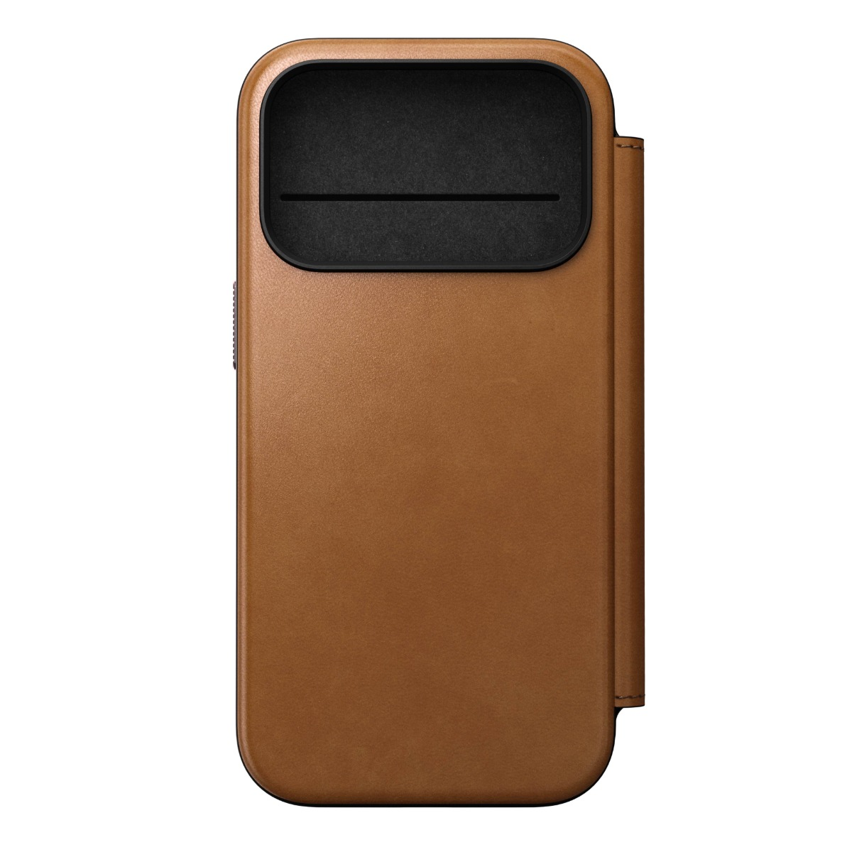 Custodia in pelle marrone per smartphone con area fotocamera nera.