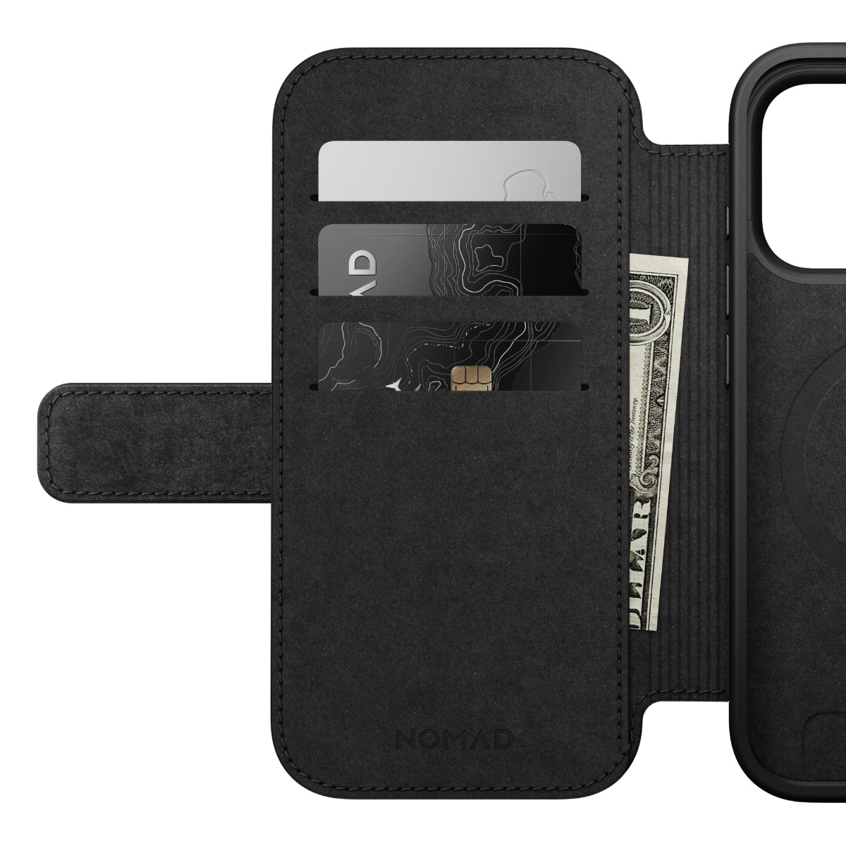 Custodia a portafoglio nera con slot per carte e scomparto per banconote.