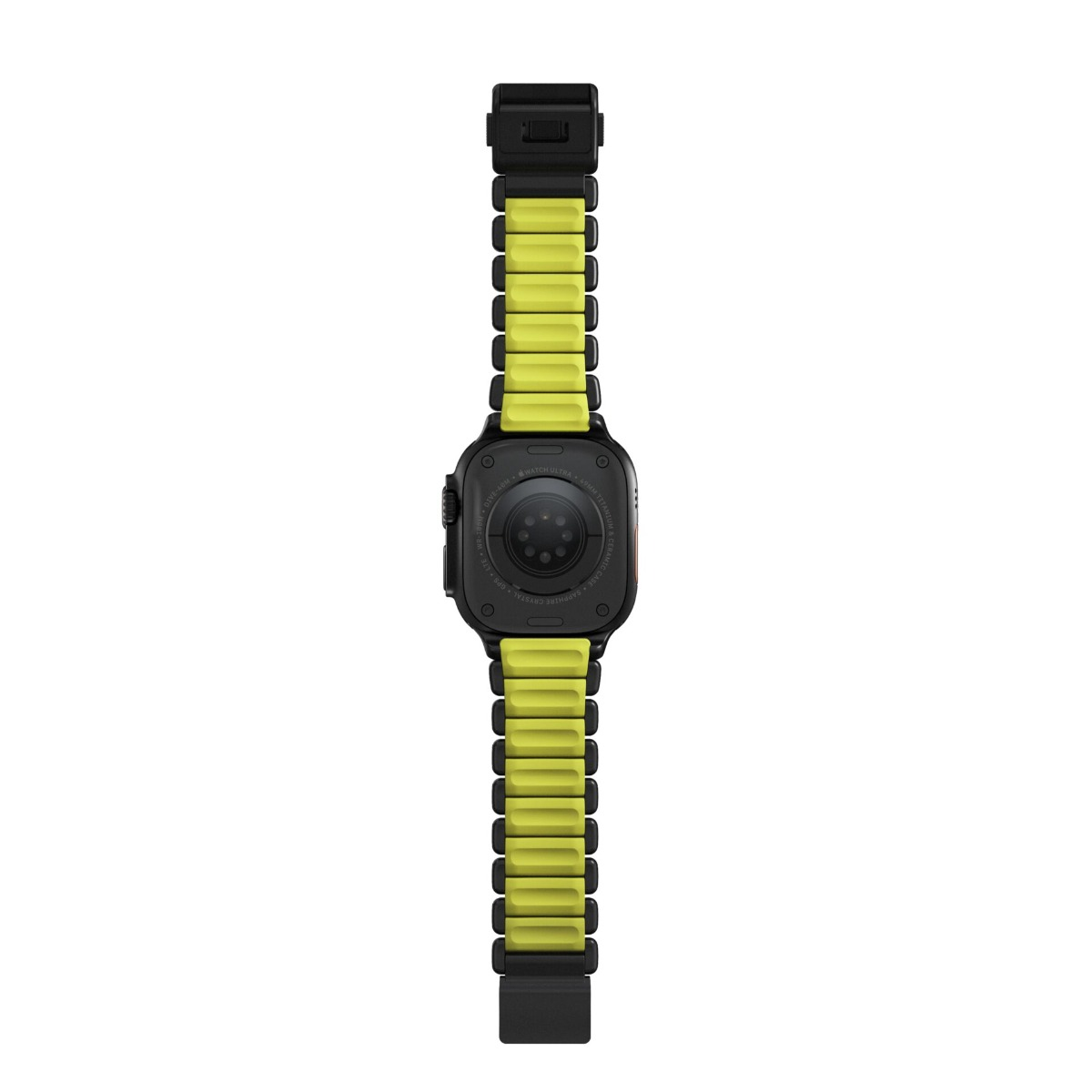 Schwarze Smartwatch mit gelbem Armband, Rückseite sichtbar.
