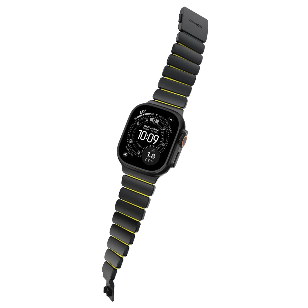 Eine schwarze Smartwatch mit einem schwarzen Armband mit gelben Akzenten.