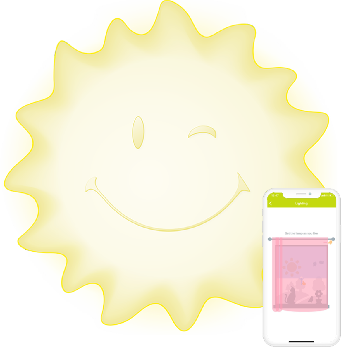 Uygulama gösteren bir akıllı telefonun yanında gülen yüzlü sarı güneş.