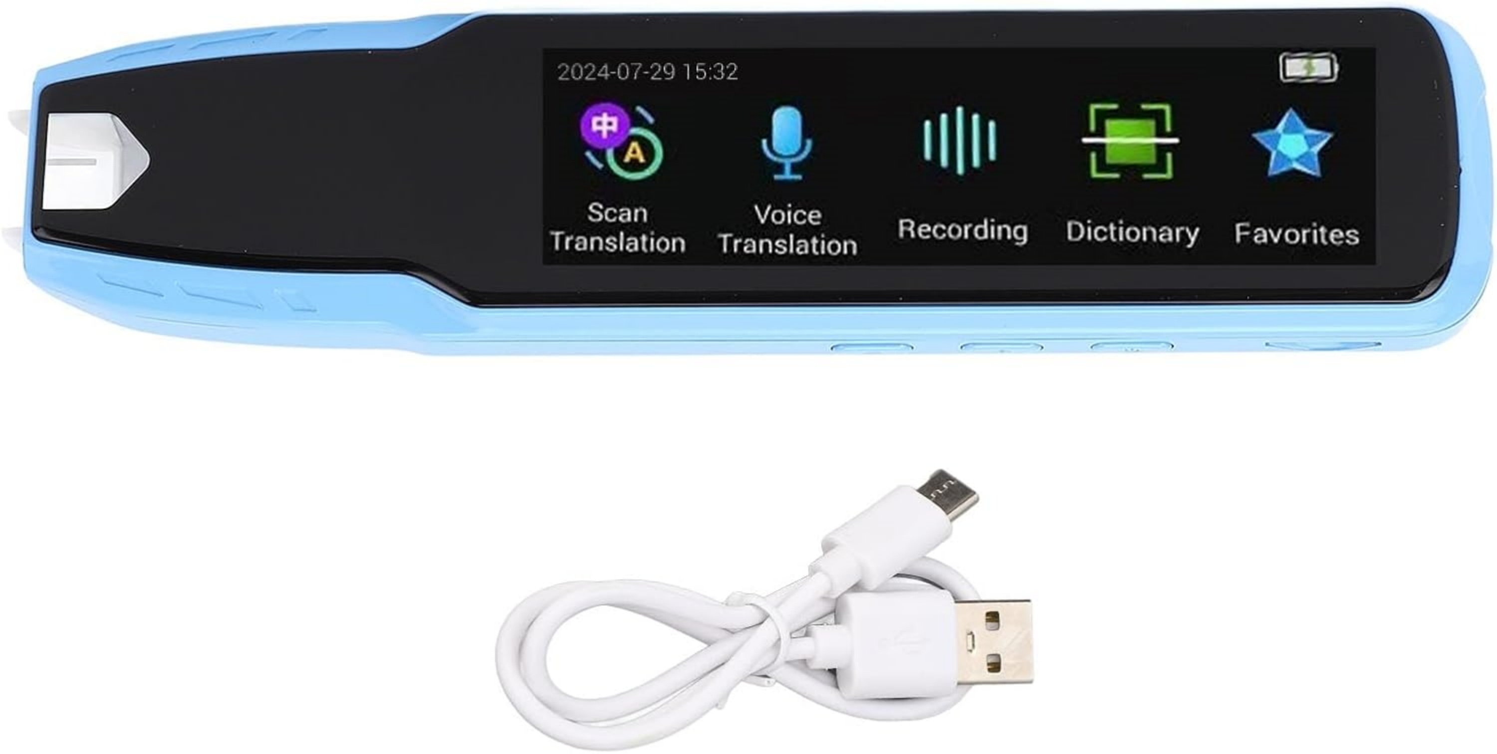 Ein blaues Scan-Übersetzungsgerät mit einem Bildschirm und einem USB-Kabel.