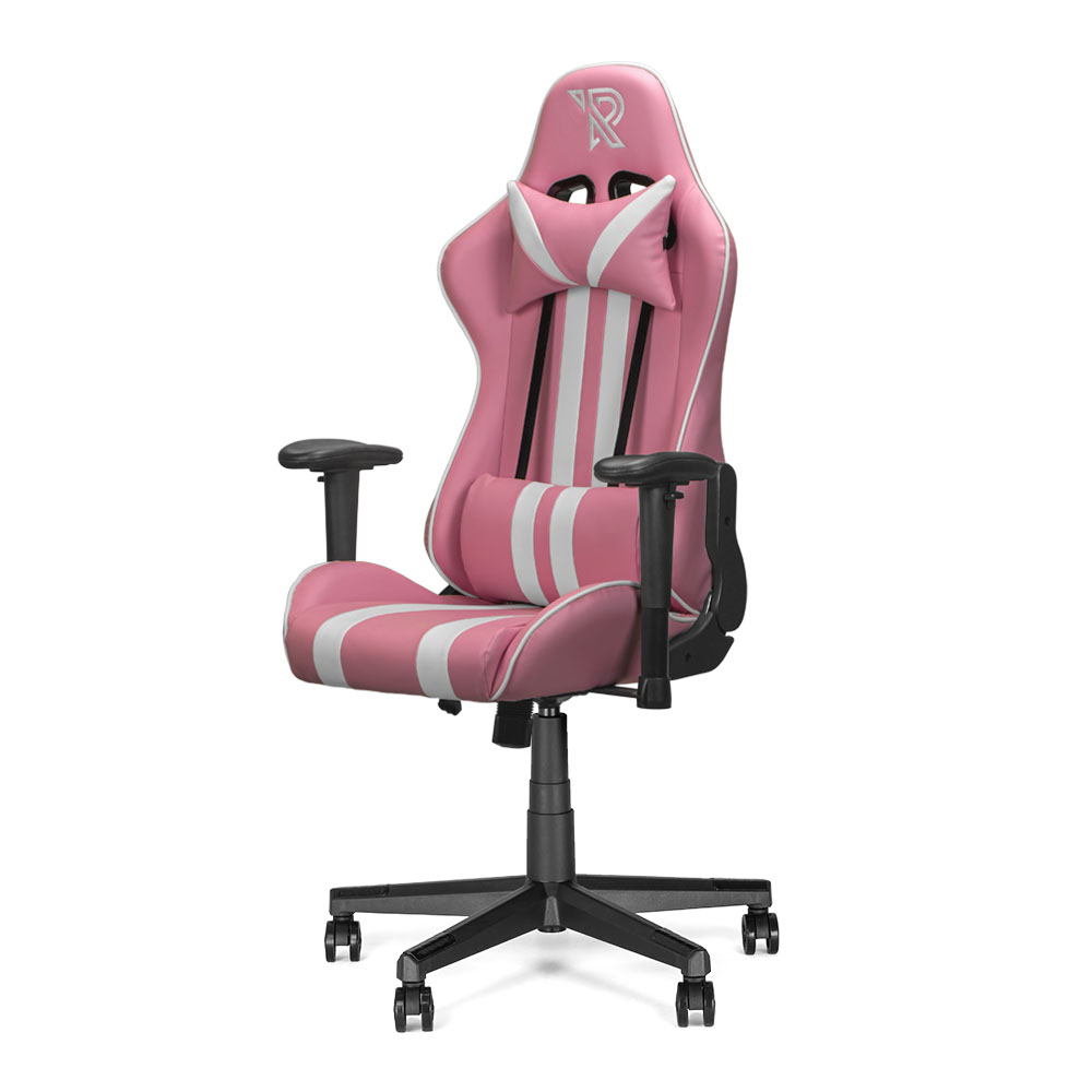 Roze gamestoel met witte strepen, hoofdsteun en lendekussen.