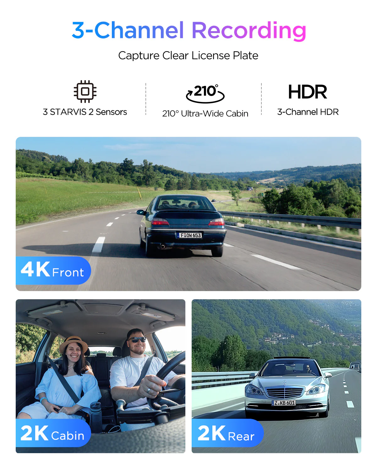 Trzy kamery nagrywają: Przód 4K, Kabina 2K, Tył 2K. Z szerokim kątem 210°.