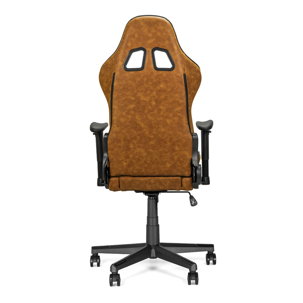 Chaise de bureau marron avec base noire et roulettes, vue arrière.