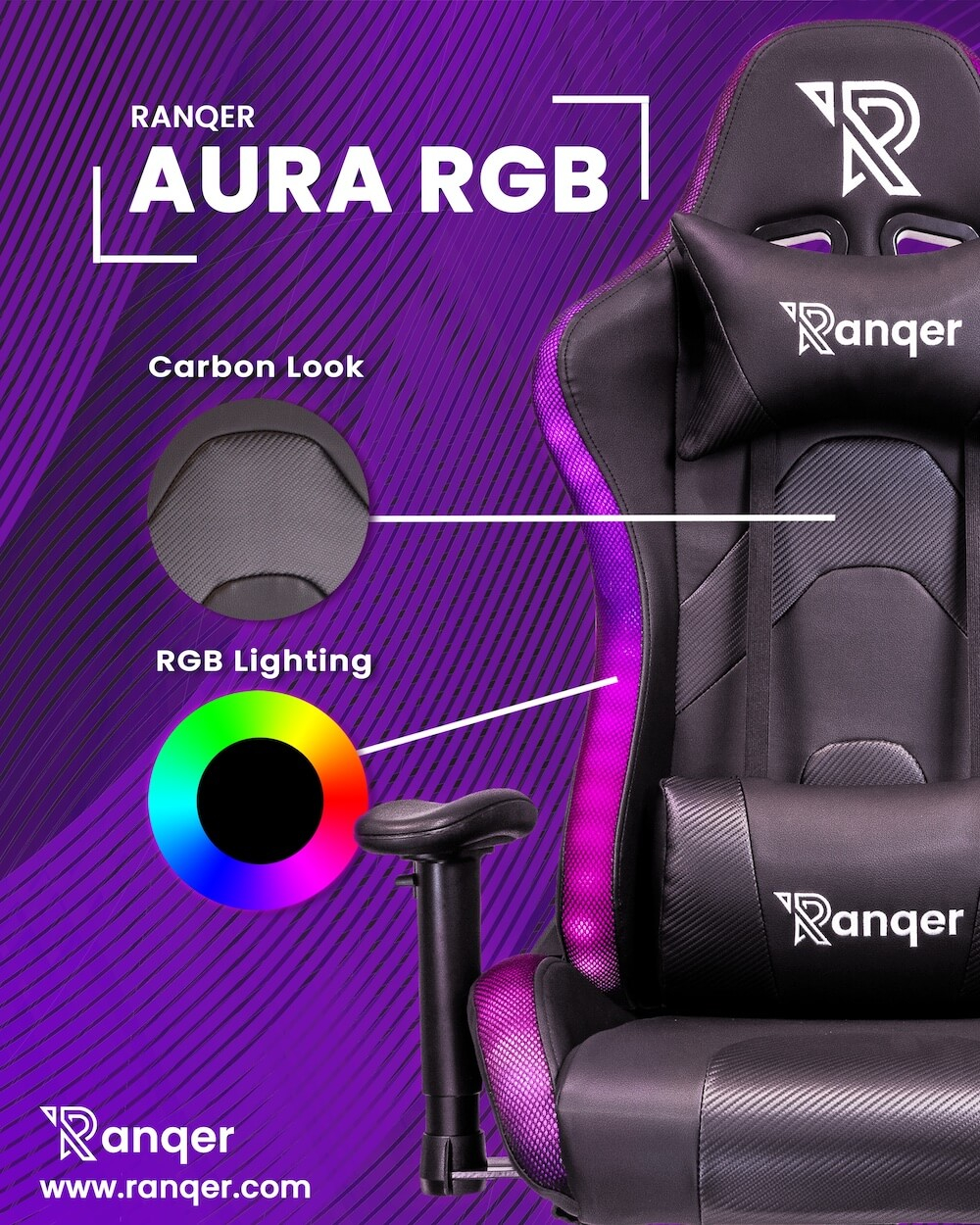 Ein schwarzer Gaming-Stuhl mit lila RGB-Beleuchtung und Karbon-Look-Details.