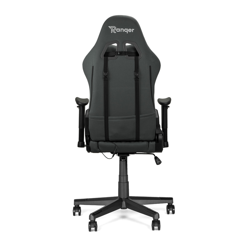 Rückansicht eines grauen Gaming-Stuhls mit Logo, Armlehnen und Rollen.