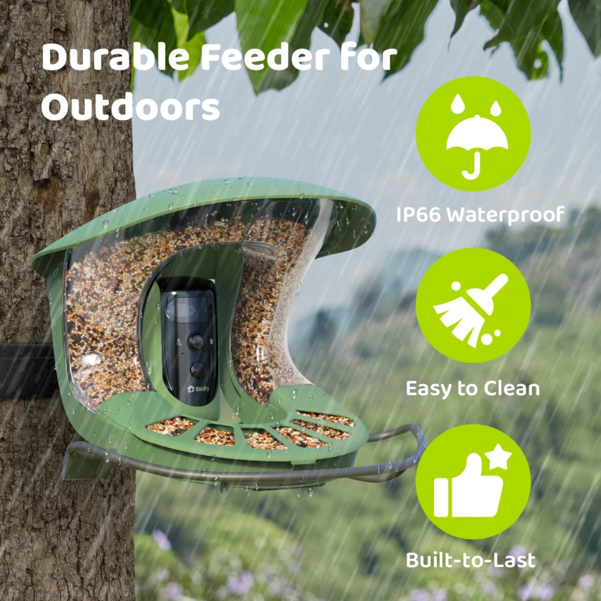Comedero verde para pájaros con cámara, sujeto a árbol, bajo la lluvia.