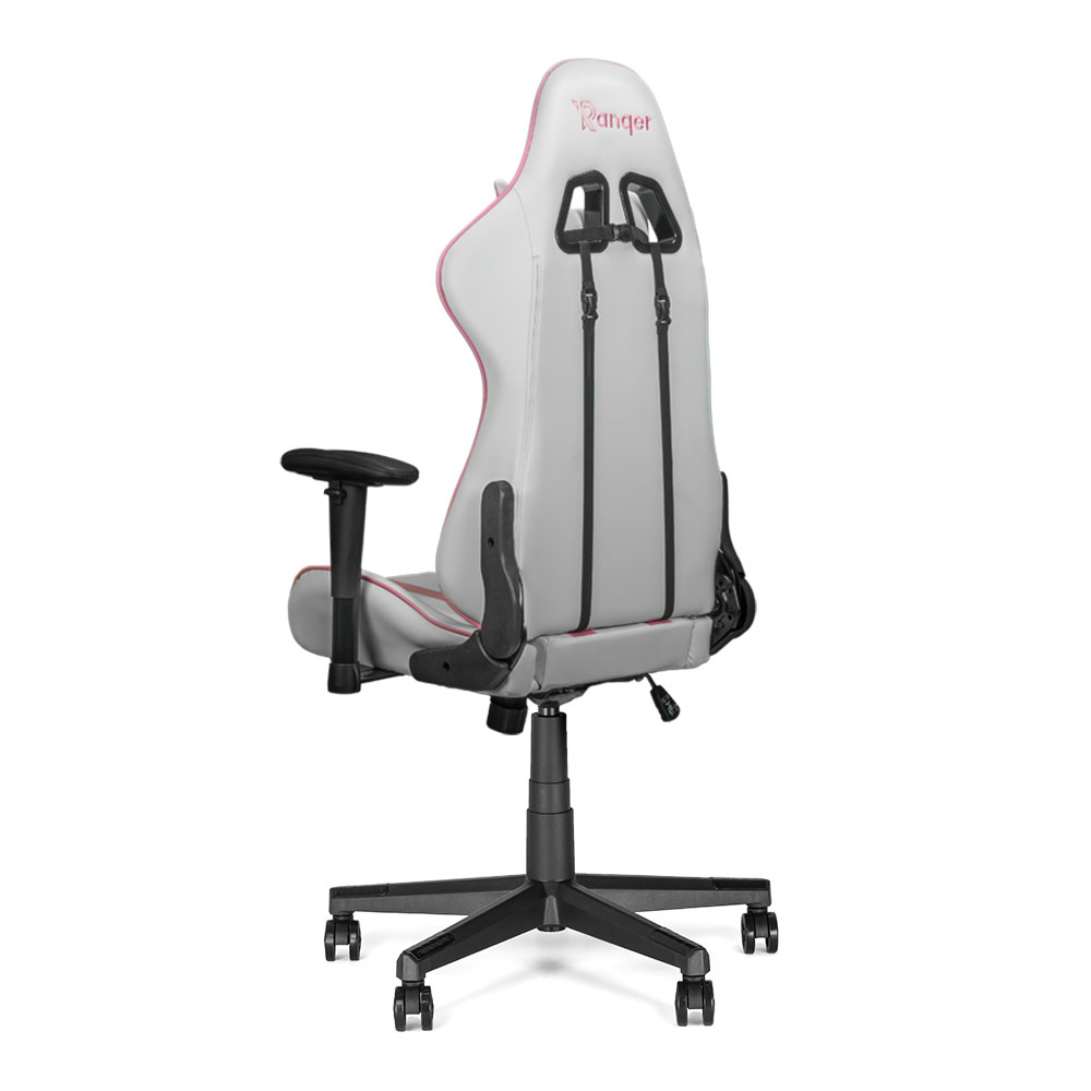 Chaise de jeu grise avec accents roses et base étoile noire à roulettes.