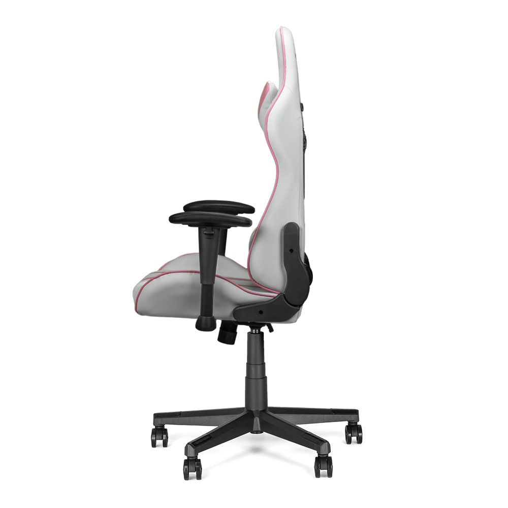 Chaise gamer blanche à accents roses sur base noire.