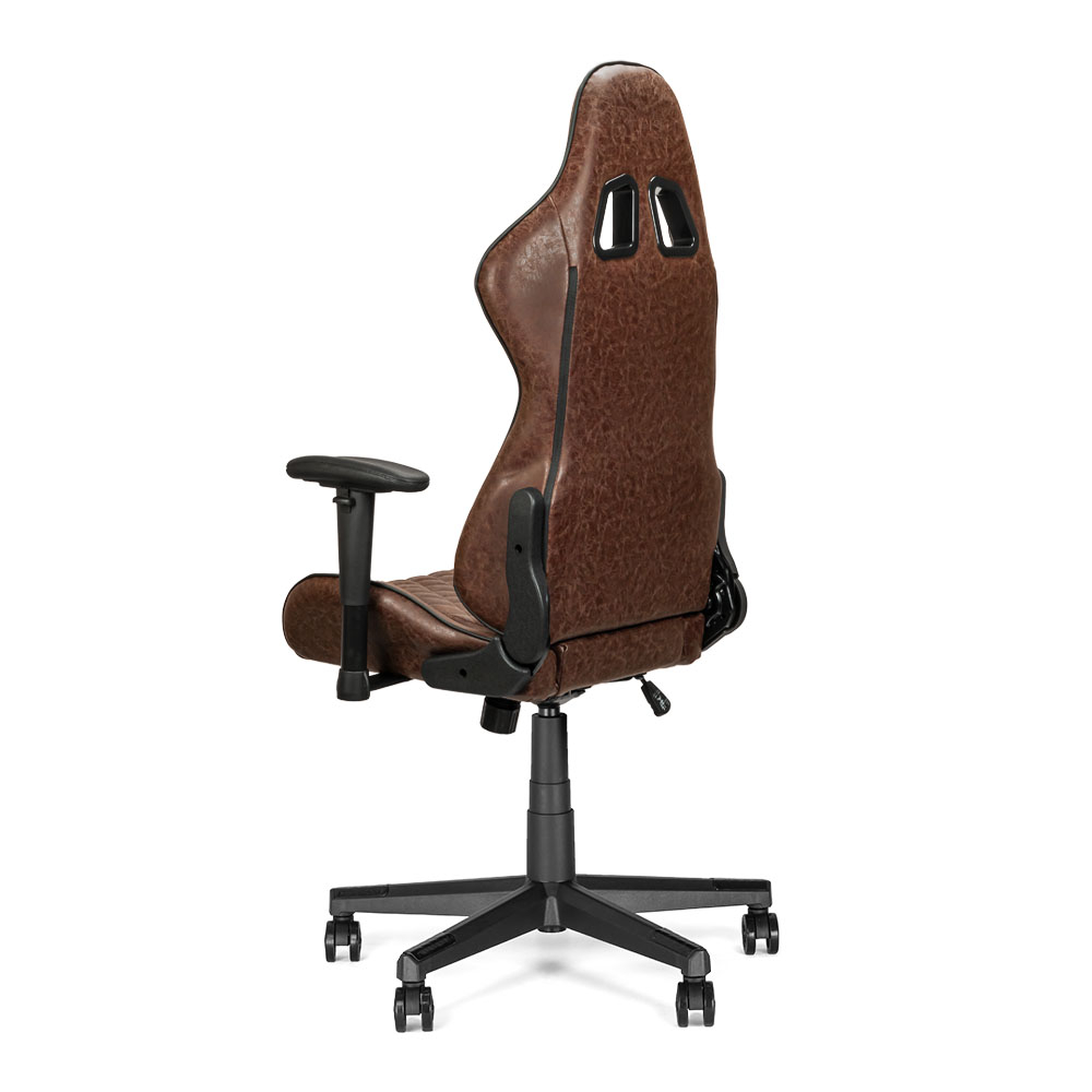 Chaise de bureau marron avec base et roues noires, vue de dos.
