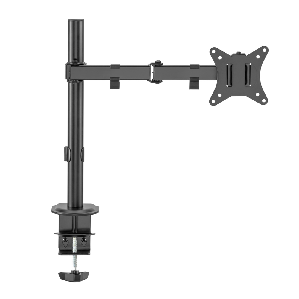 A black monitor arm with a desk clamp and VESA mount.