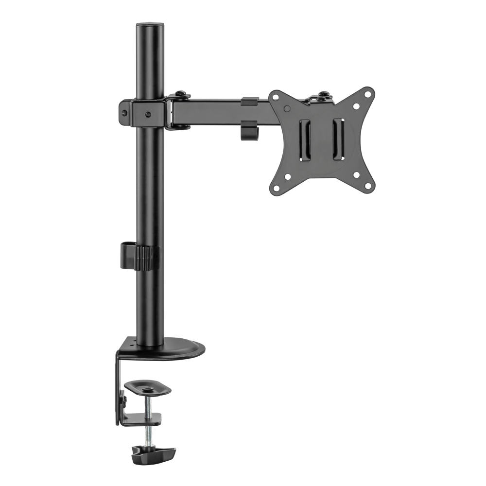 A black monitor arm with a desk clamp and VESA mount