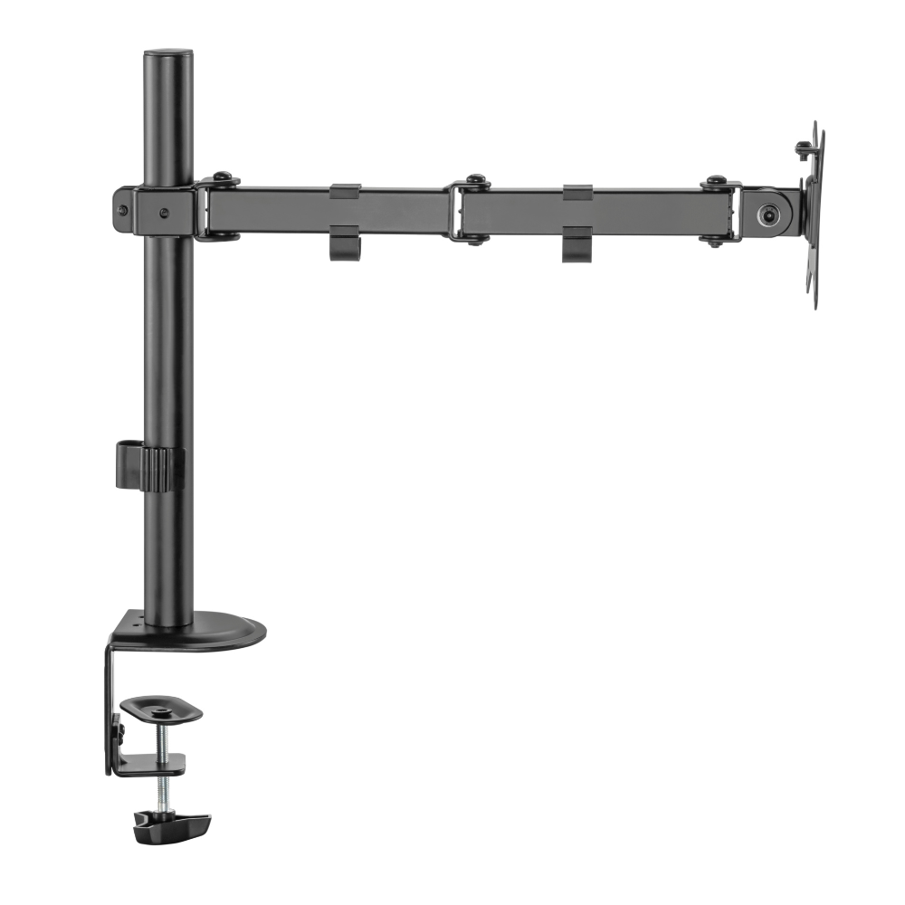 A black monitor arm with a clamp base and desk clamp.