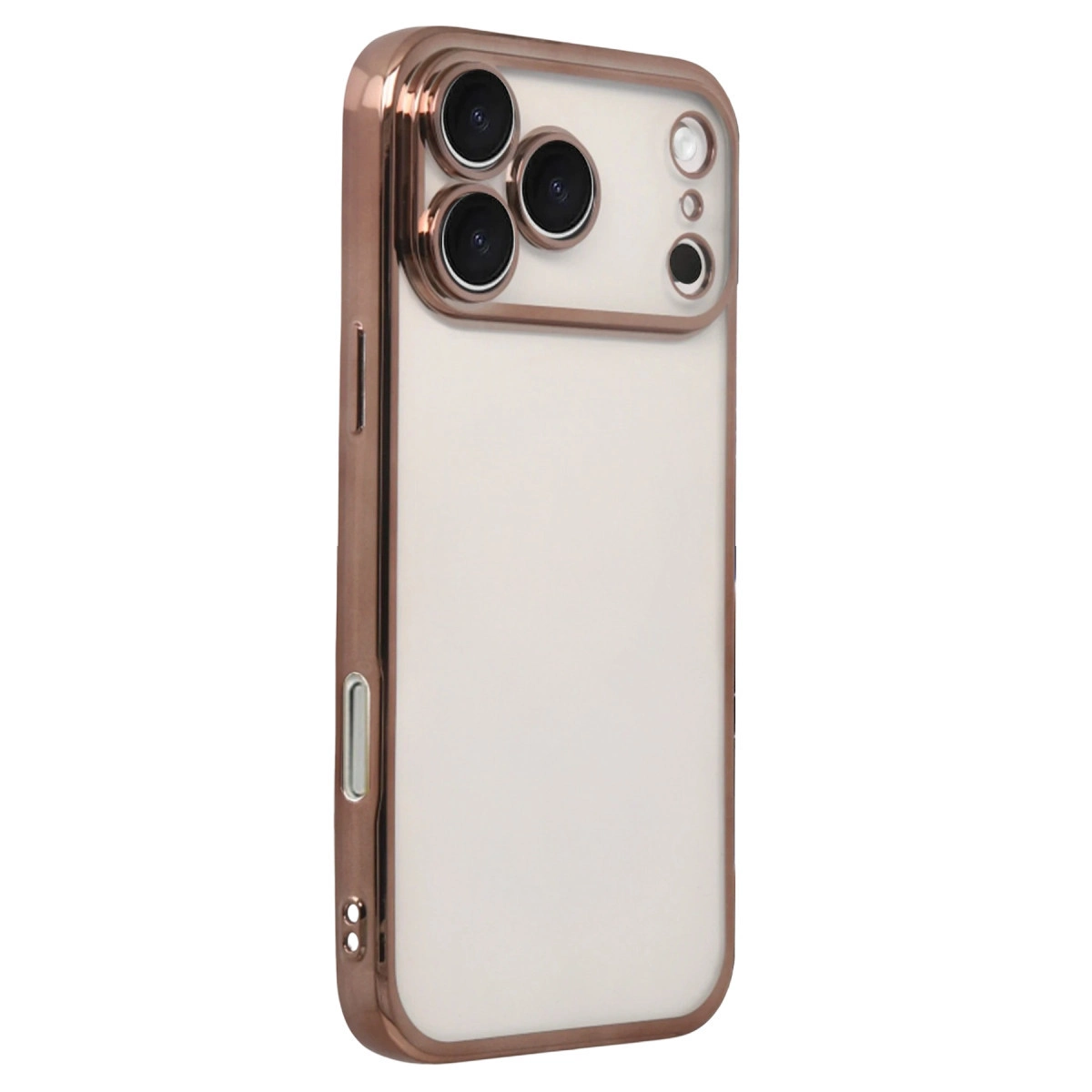 Üç kamera lensi ve flaşlı, rose gold renkli telefon kılıfı.