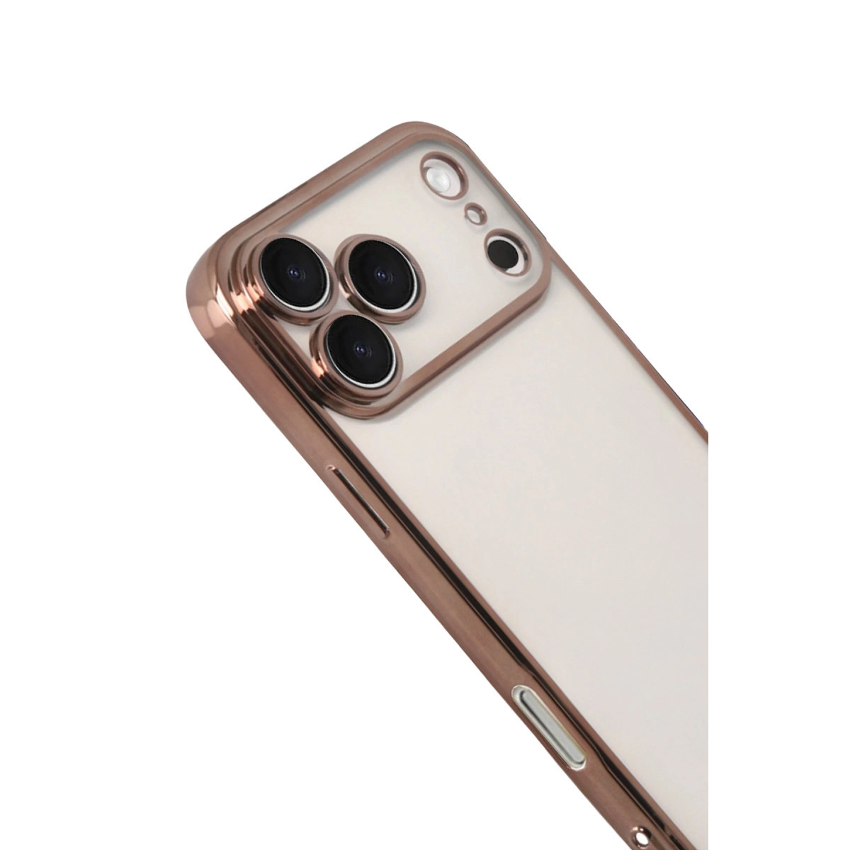 Üç kamera lensi ve flaşlı, rose gold telefon kılıfı.