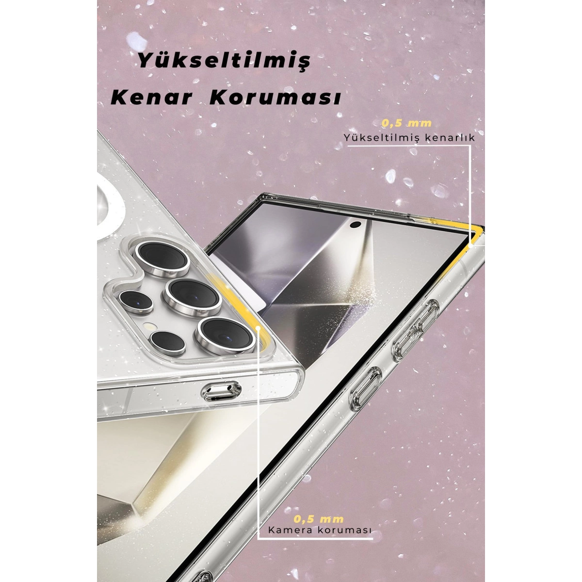 Yükseltilmiş kenarlı ve kamera korumalı şeffaf telefon kılıfı.