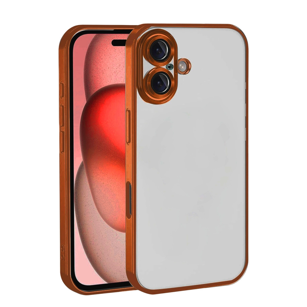 İki kamerası ve flaşı olan turuncu telefon kılıfı.