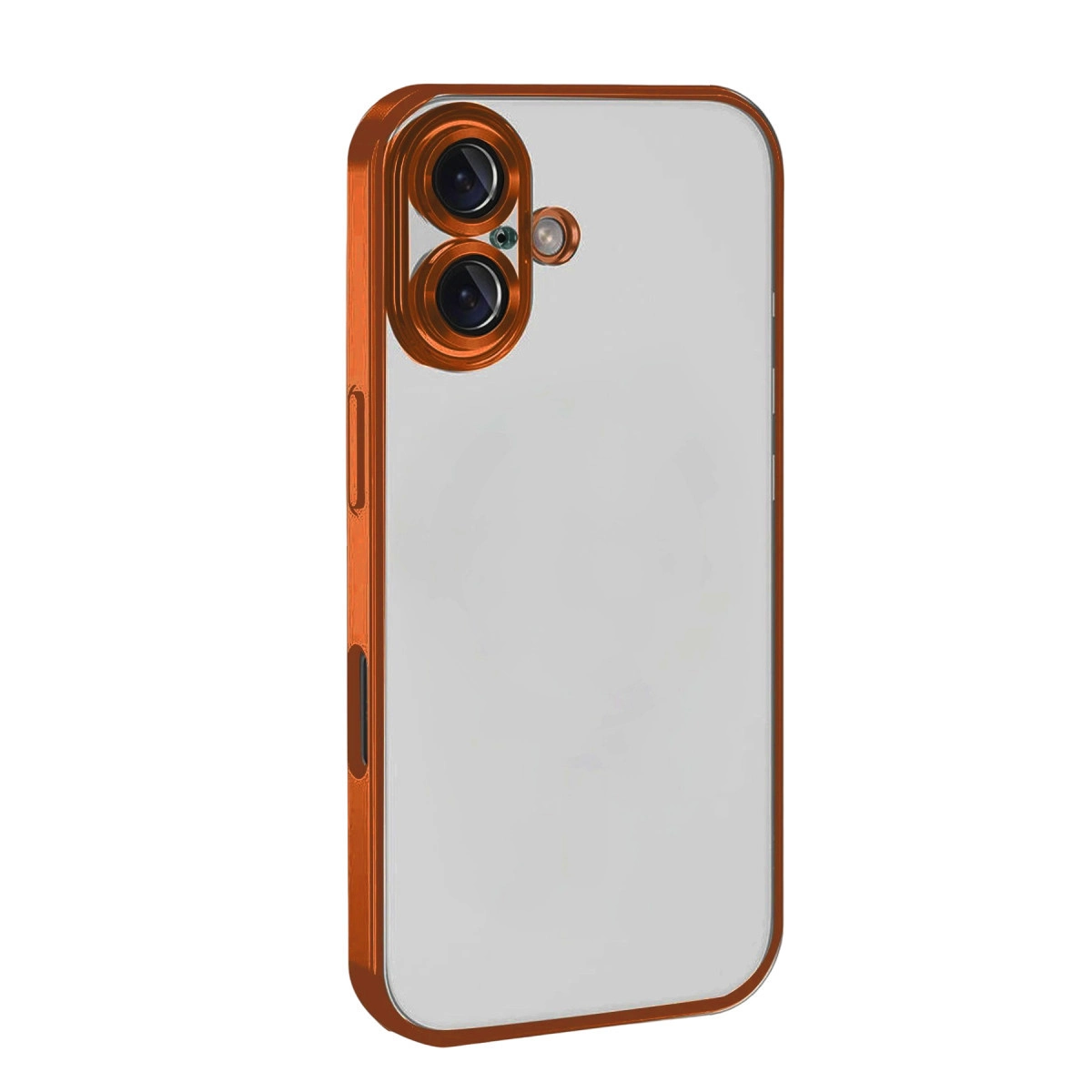 Turuncu çerçeveli ve kamera modüllü şeffaf telefon kılıfı.