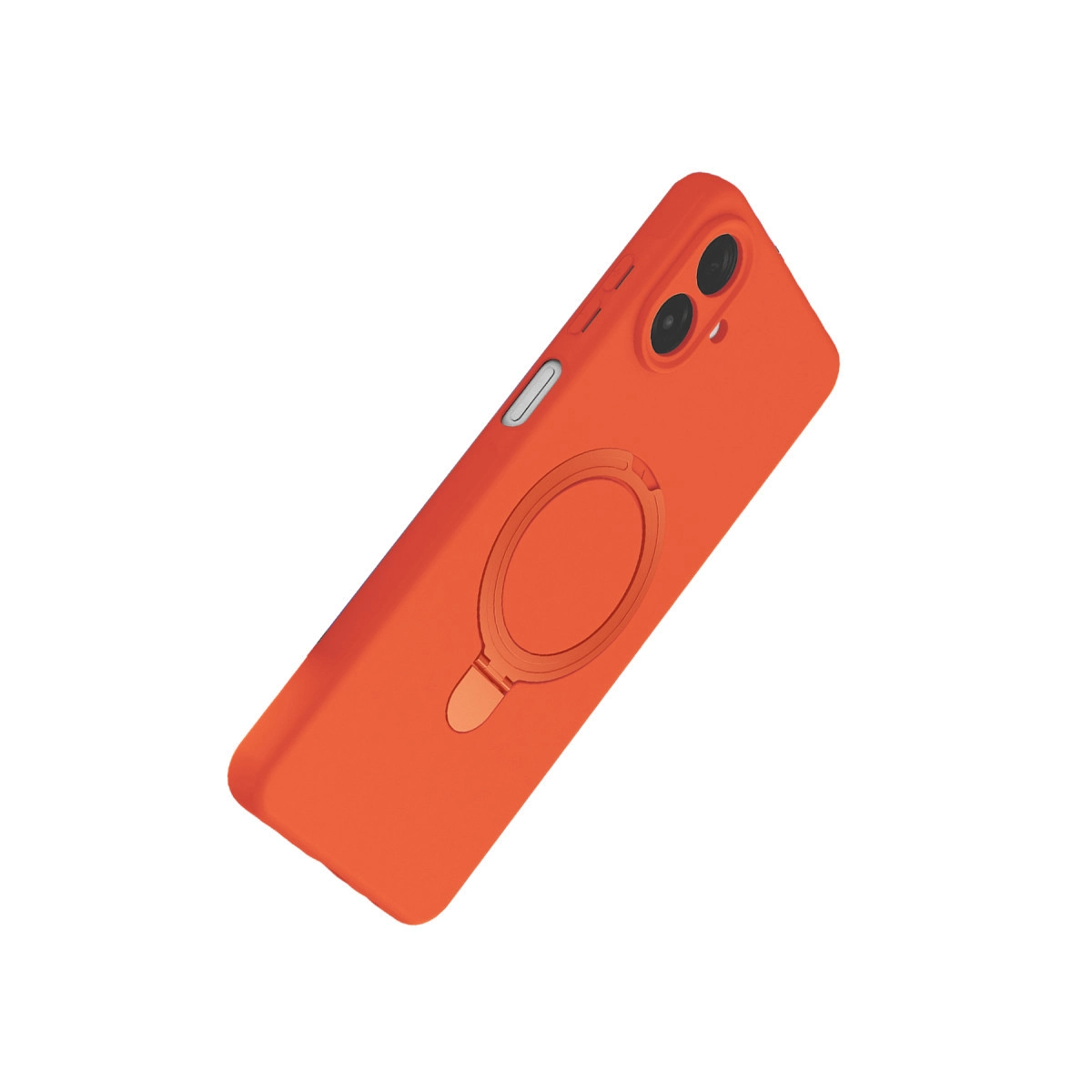 Arkada halka tutuculu ve iki kamera lensli turuncu telefon kılıfı.