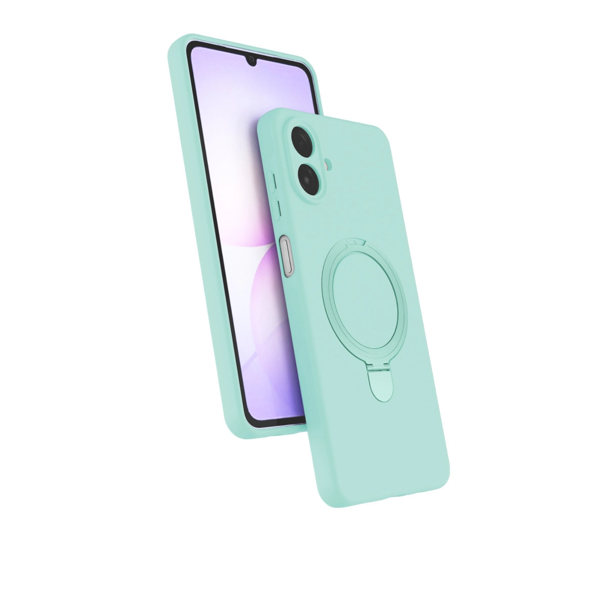 Halka tutuculu turkuaz telefon kılıfı bir telefonun yanında duruyor.