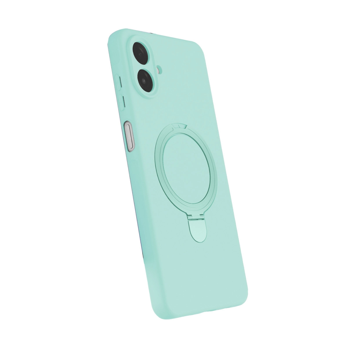 Halka tutuculu ve iki kamera lensli açık turkuaz telefon kılıfı.