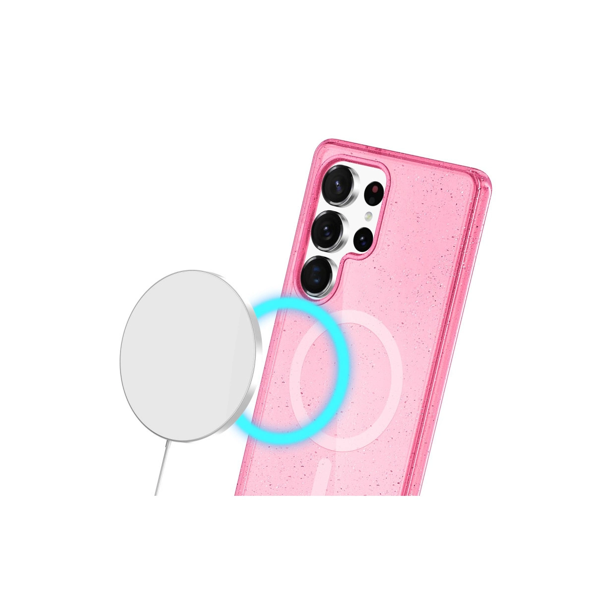 Kamera lensli ve beyaz kablosuz şarj cihazlı pembe simli telefon kılıfı.