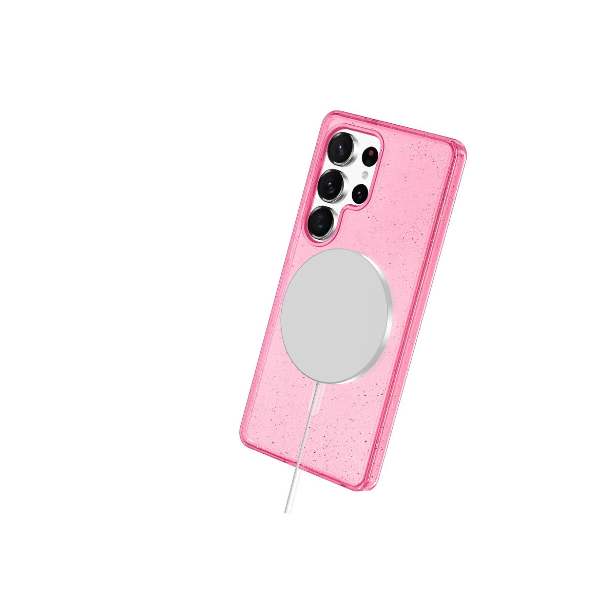 Yuvarlak şarj aleti takılı pembe simli telefon kılıfı.