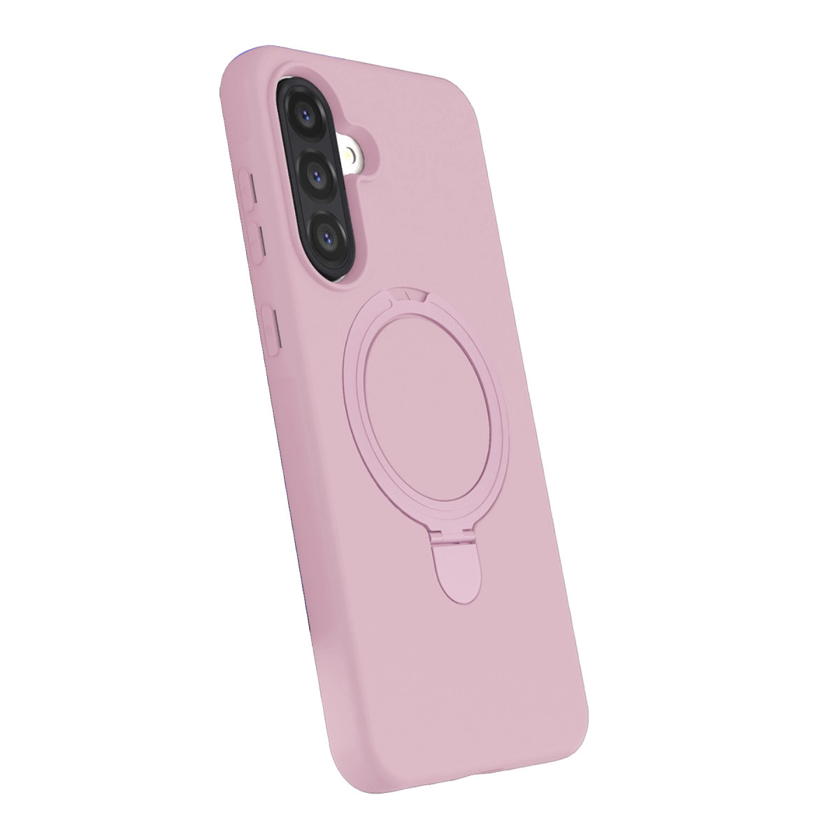 Arkada halka tutuculu ve üç kameralı pembe telefon kılıfı.